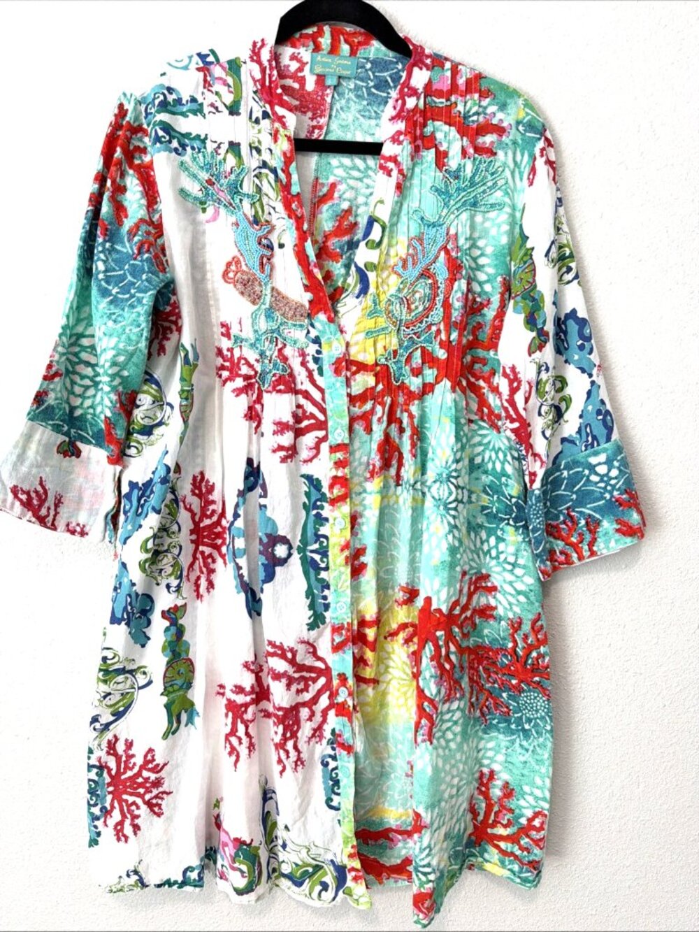 Antica Sartoria Cotton Coral Reef Beaded Kaftan Tunic Dress Resort Boho